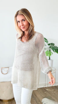 Relaxed Italian Crochet Top - Beige-130 Long Sleeve Tops-V6-Coastal Bloom Boutique, find the trendiest versions of the popular styles and looks Located in Indialantic, FL