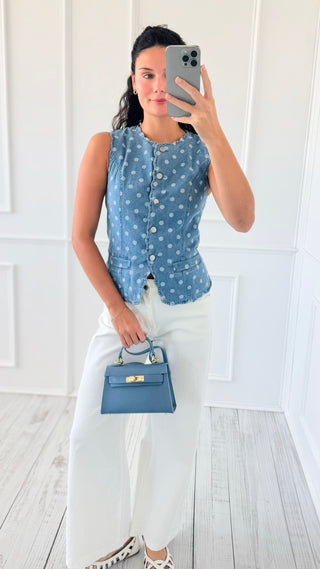 Polka Dot Scalloped Denim Top