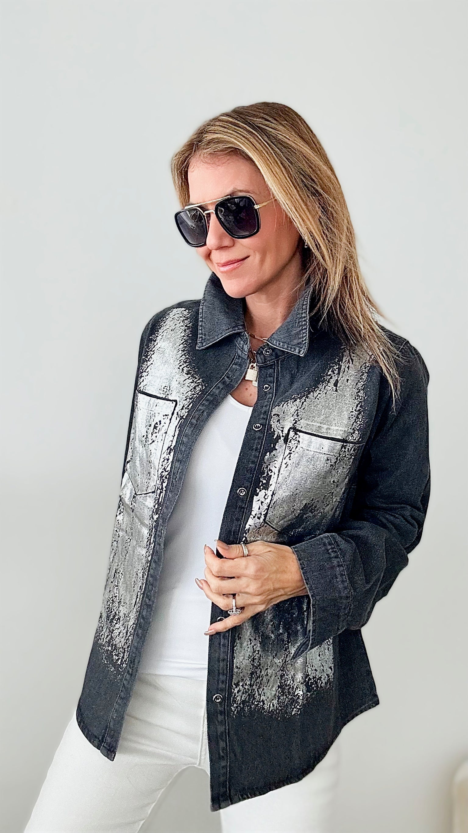 Metallic Button Down - Black/Silver-130 Long Sleeve Tops-JJ's Fairyland-Coastal Bloom Boutique, find the trendiest versions of the popular styles and looks Located in Indialantic, FL