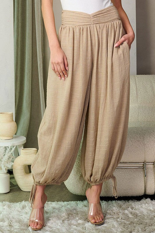 Breezy Smock Waist Pants - Taupe-170 Bottoms-Rousseau-Coastal Bloom Boutique, find the trendiest versions of the popular styles and looks Located in Indialantic, FL