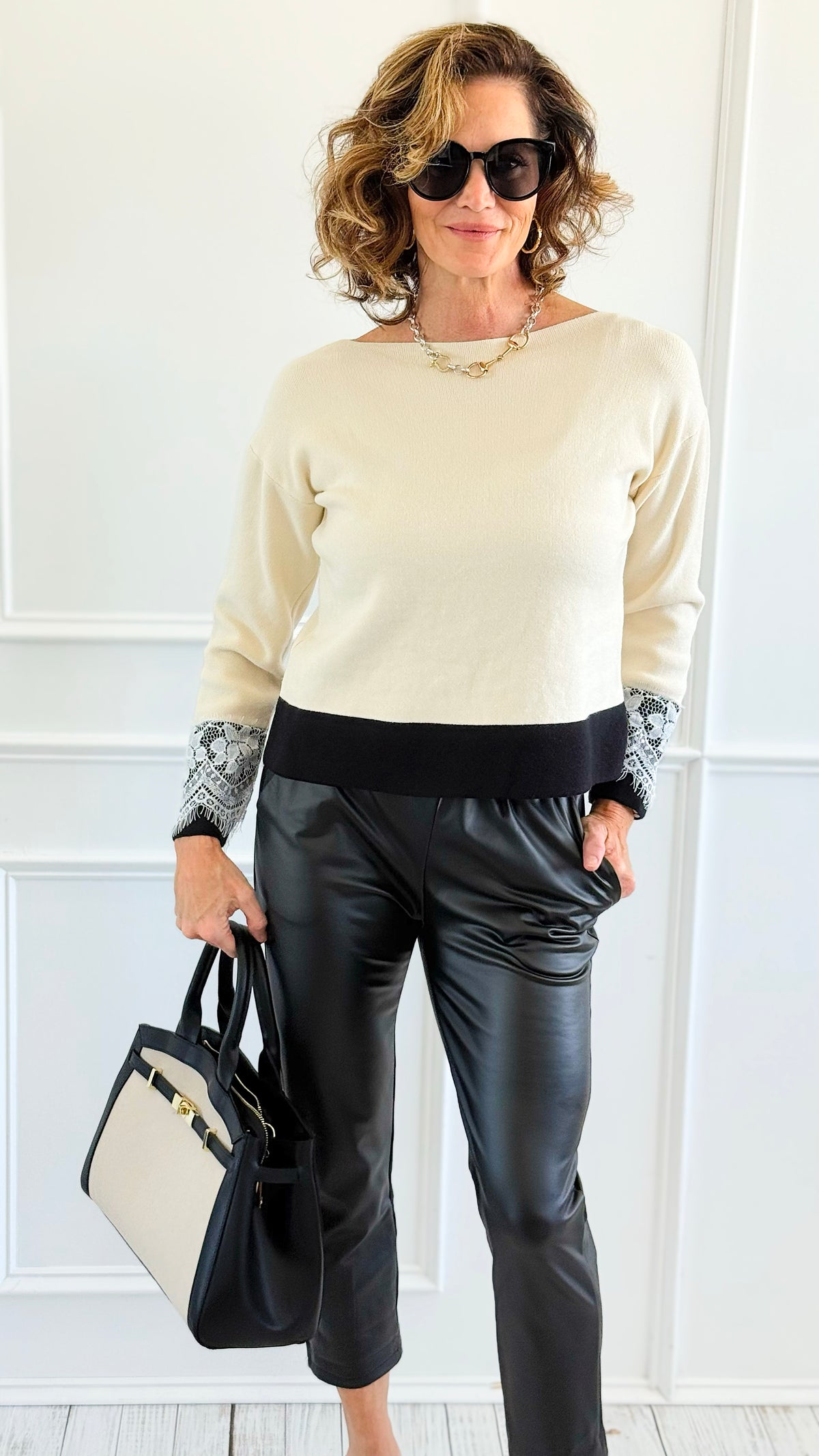 Lace Cuff Contrast Sweater-140 Sweaters-Z STUDIO-Coastal Bloom Boutique, find the trendiest versions of the popular styles and looks Located in Indialantic, FL