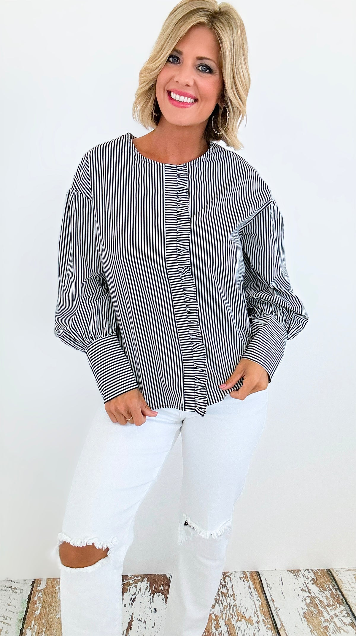 Parisian Stripe Ruffle Blouse - Black-130 Long Sleeve Tops-ROUSSEAU-Coastal Bloom Boutique, find the trendiest versions of the popular styles and looks Located in Indialantic, FL