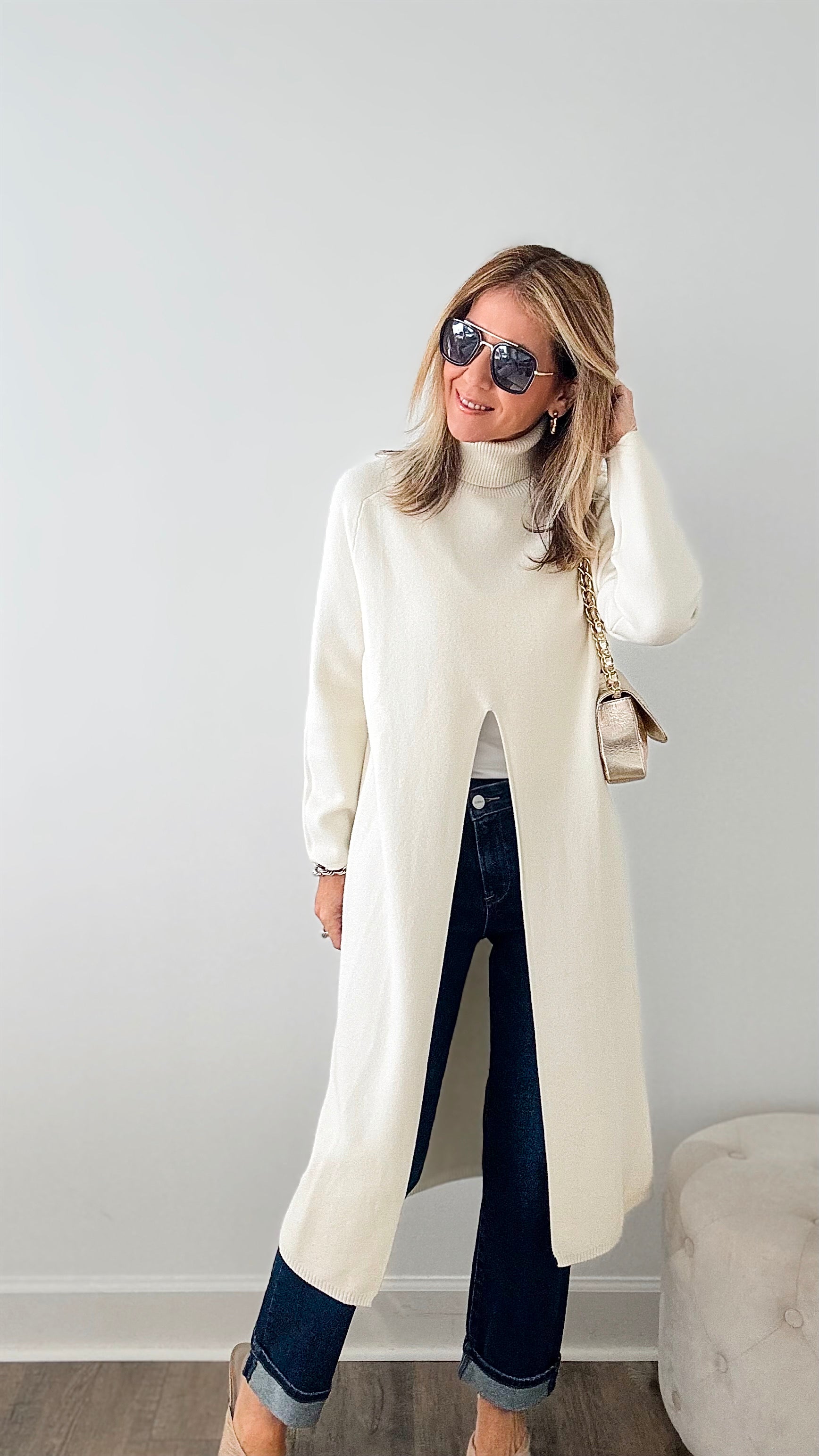 Chic Long Split Italian Sweater - Ivory-150 Cardigans/Layers-Italianissimo/Z Studio-Coastal Bloom Boutique, find the trendiest versions of the popular styles and looks Located in Indialantic, FL