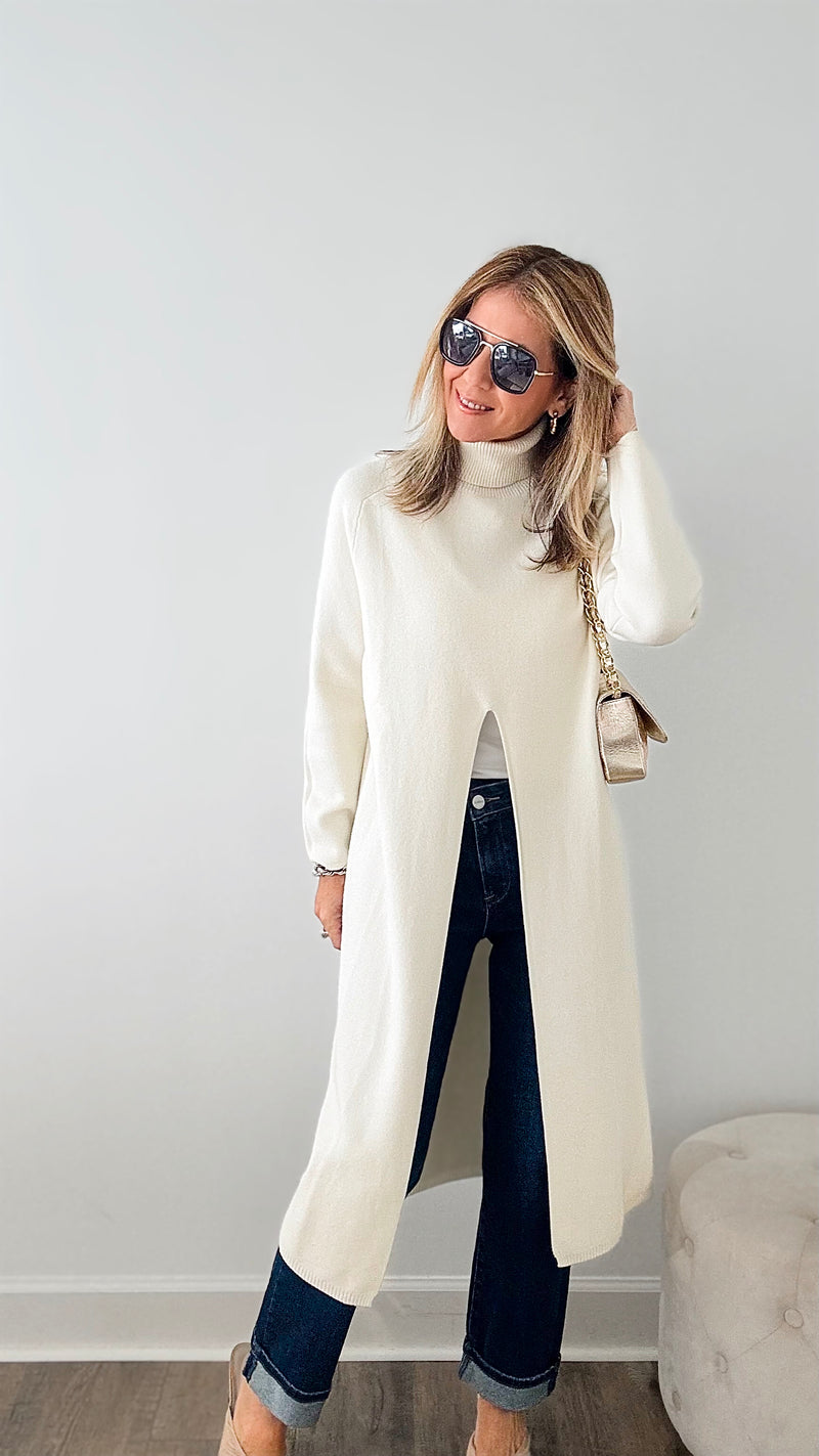 Chic Long Split Italian Sweater - Ivory-150 Cardigans/Layers-Italianissimo/Z Studio-Coastal Bloom Boutique, find the trendiest versions of the popular styles and looks Located in Indialantic, FL