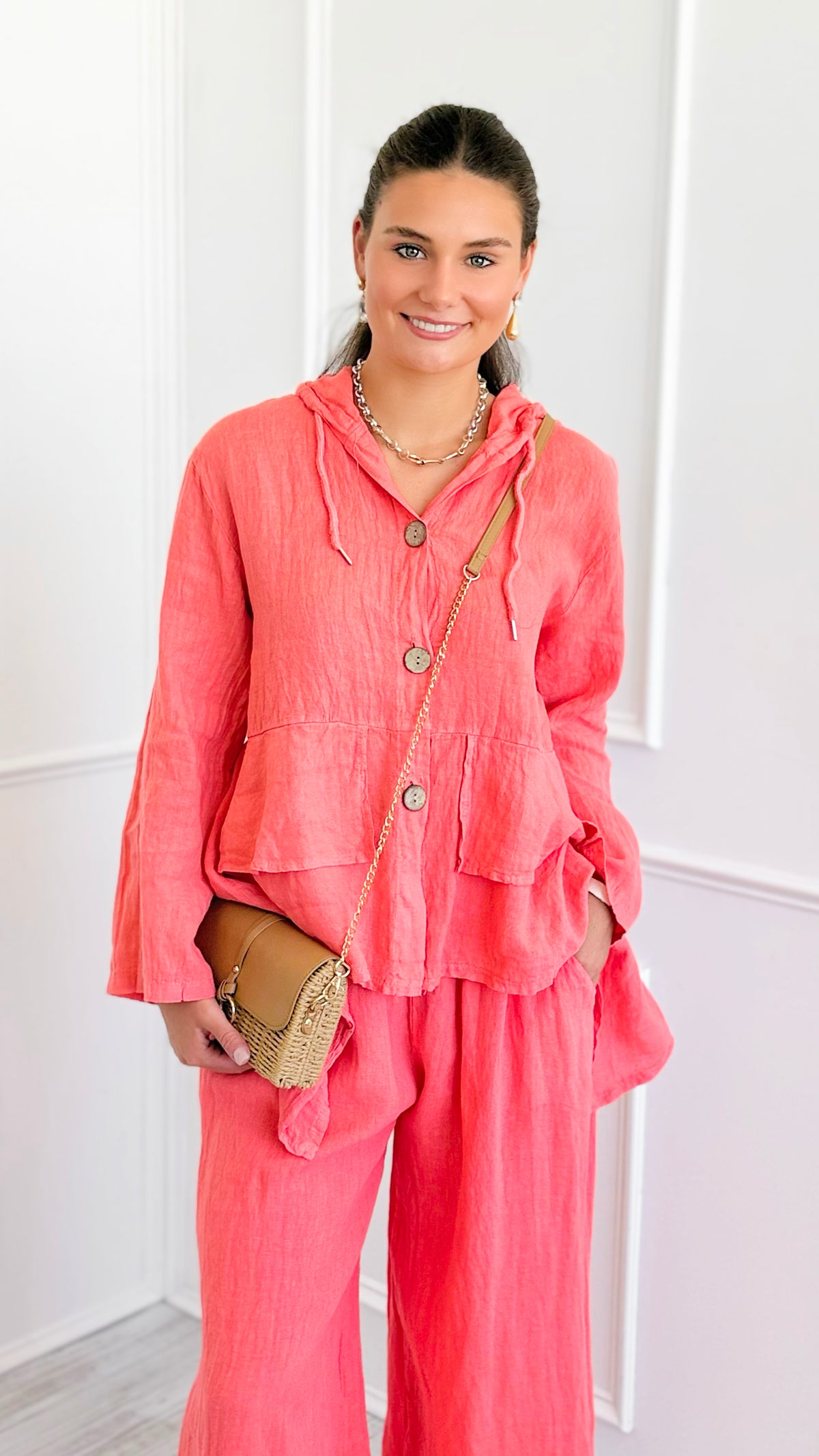Linear Luxe Italian Linen Jacket-Coral-160 Jackets-FIORE-Coastal Bloom Boutique, find the trendiest versions of the popular styles and looks Located in Indialantic, FL