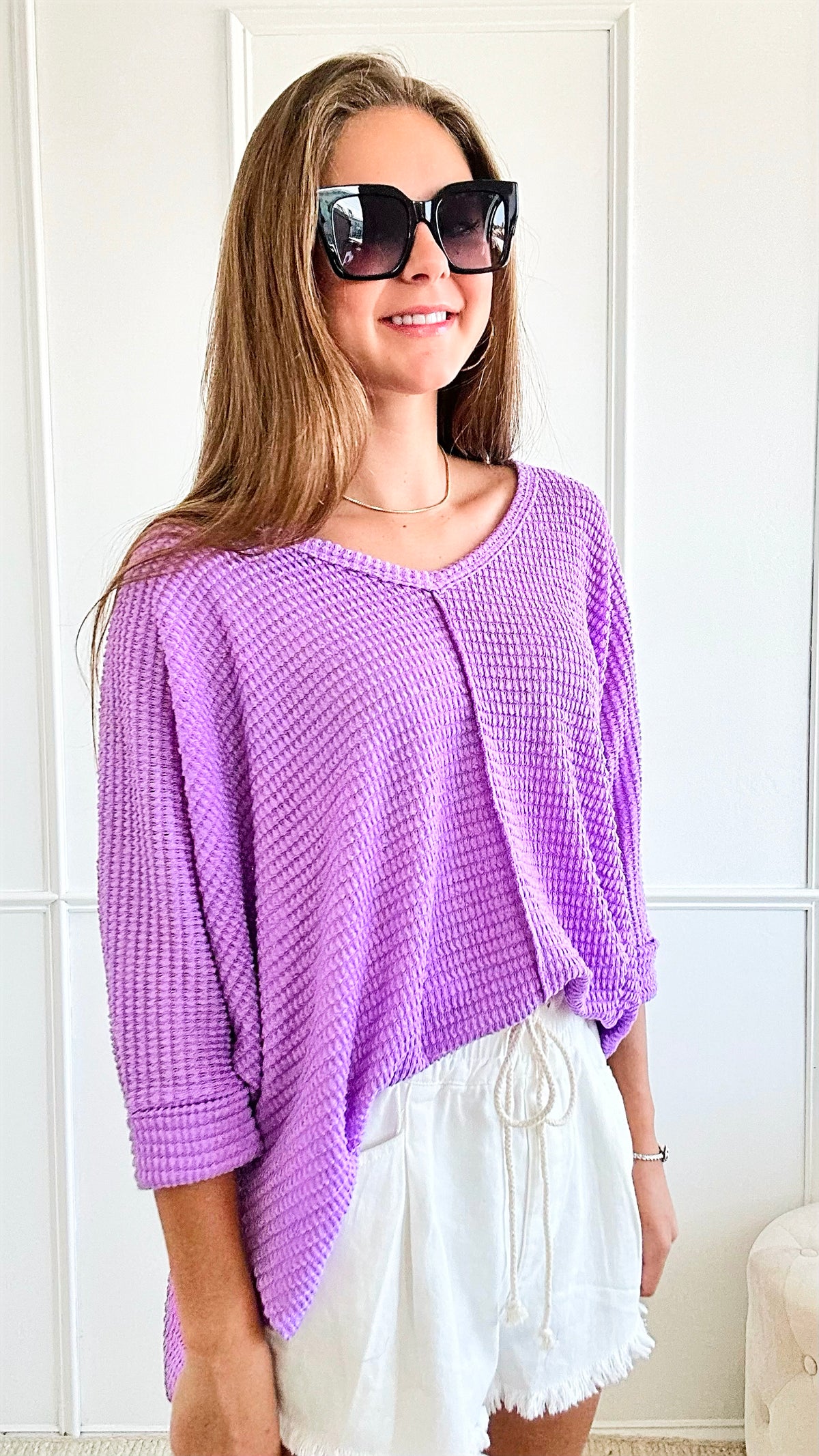 Hi-Low Hem Jacquard Sweater - Lavender-140 Sweaters-Zenana-Coastal Bloom Boutique, find the trendiest versions of the popular styles and looks Located in Indialantic, FL