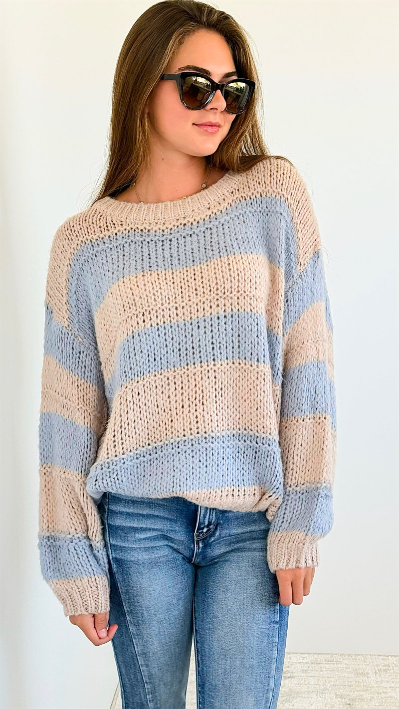 Striped Bubble Sleeve Knitted Sweater - Blush/Blue-140 Sweaters-Miracle-Coastal Bloom Boutique, find the trendiest versions of the popular styles and looks Located in Indialantic, FL