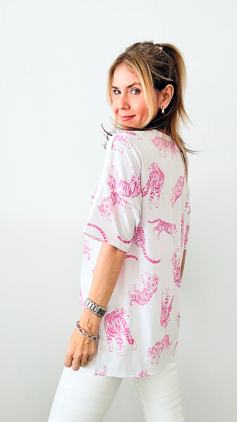 Wild Print V Neck Top - Off White / Pink-110 Short Sleeve Tops-Macaron-Coastal Bloom Boutique, find the trendiest versions of the popular styles and looks Located in Indialantic, FL