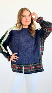 Highland Knit Patchwork Sweater - Navy-140 Sweaters-Cezele-Coastal Bloom Boutique, find the trendiest versions of the popular styles and looks Located in Indialantic, FL