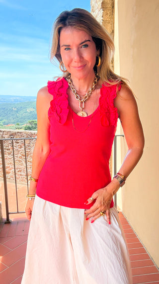 Ruffle Detail Sleeveless Italian Top - Red