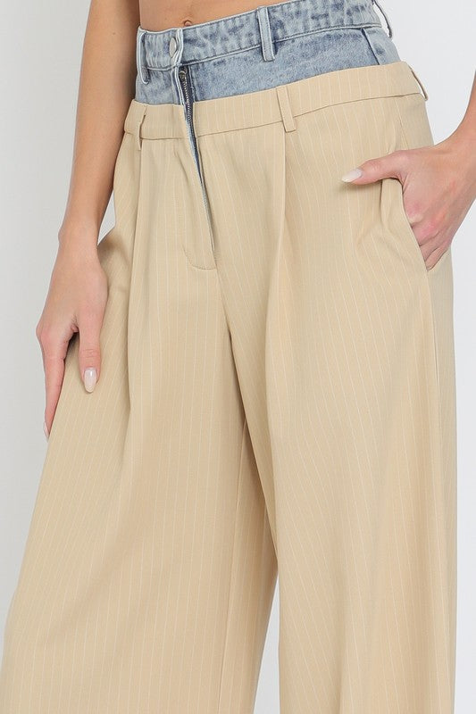 Contrast Denim Waistband Long Pants-170 Bottoms-Aakaa-Coastal Bloom Boutique, find the trendiest versions of the popular styles and looks Located in Indialantic, FL