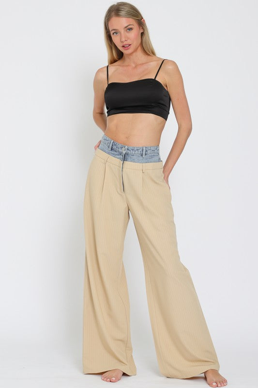 Contrast Denim Waistband Long Pants-170 Bottoms-Aakaa-Coastal Bloom Boutique, find the trendiest versions of the popular styles and looks Located in Indialantic, FL