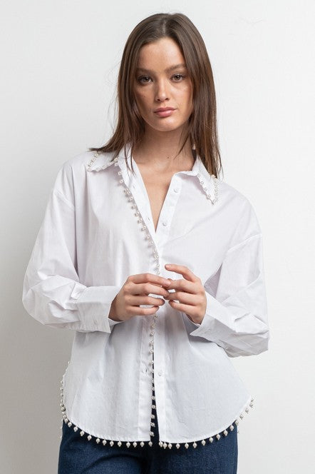 Pearl Edge Poplin Blouse - White-130 Long Sleeve Tops-KIWI-Coastal Bloom Boutique, find the trendiest versions of the popular styles and looks Located in Indialantic, FL