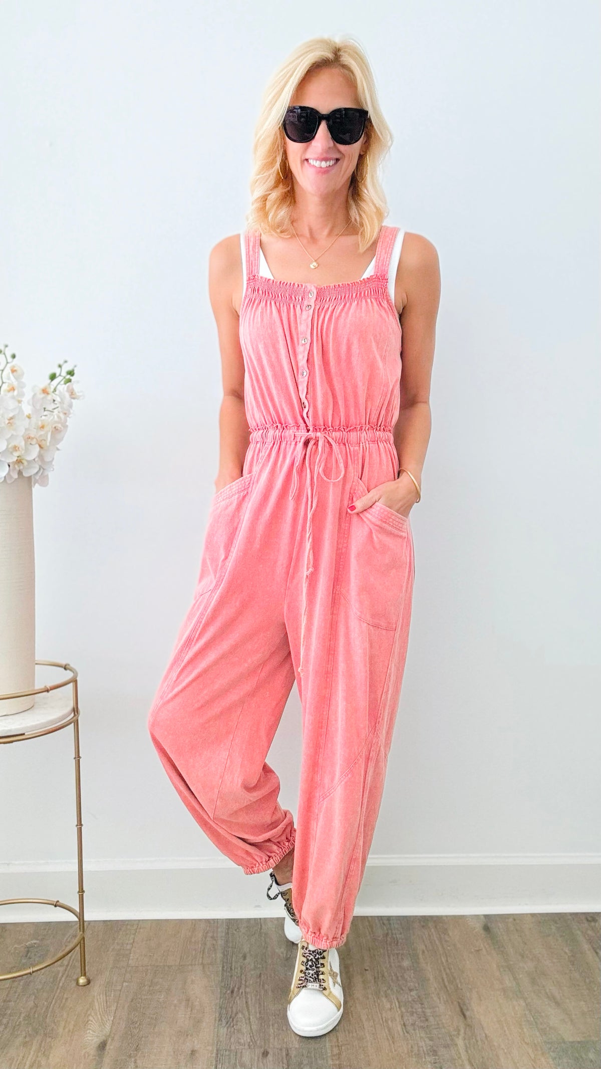 Acid Wash Drawstring Jumpsuit - Coral-200 Dresses/Jumpsuits/Rompers-ee:some-Coastal Bloom Boutique, find the trendiest versions of the popular styles and looks Located in Indialantic, FL