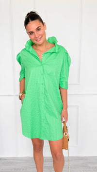 Callie Ruffle Puff Sleeve Jacquard Shirt Dress-Green Apple-200 Dresses/Jumpsuits/Rompers-Adrienne-Coastal Bloom Boutique, find the trendiest versions of the popular styles and looks Located in Indialantic, FL
