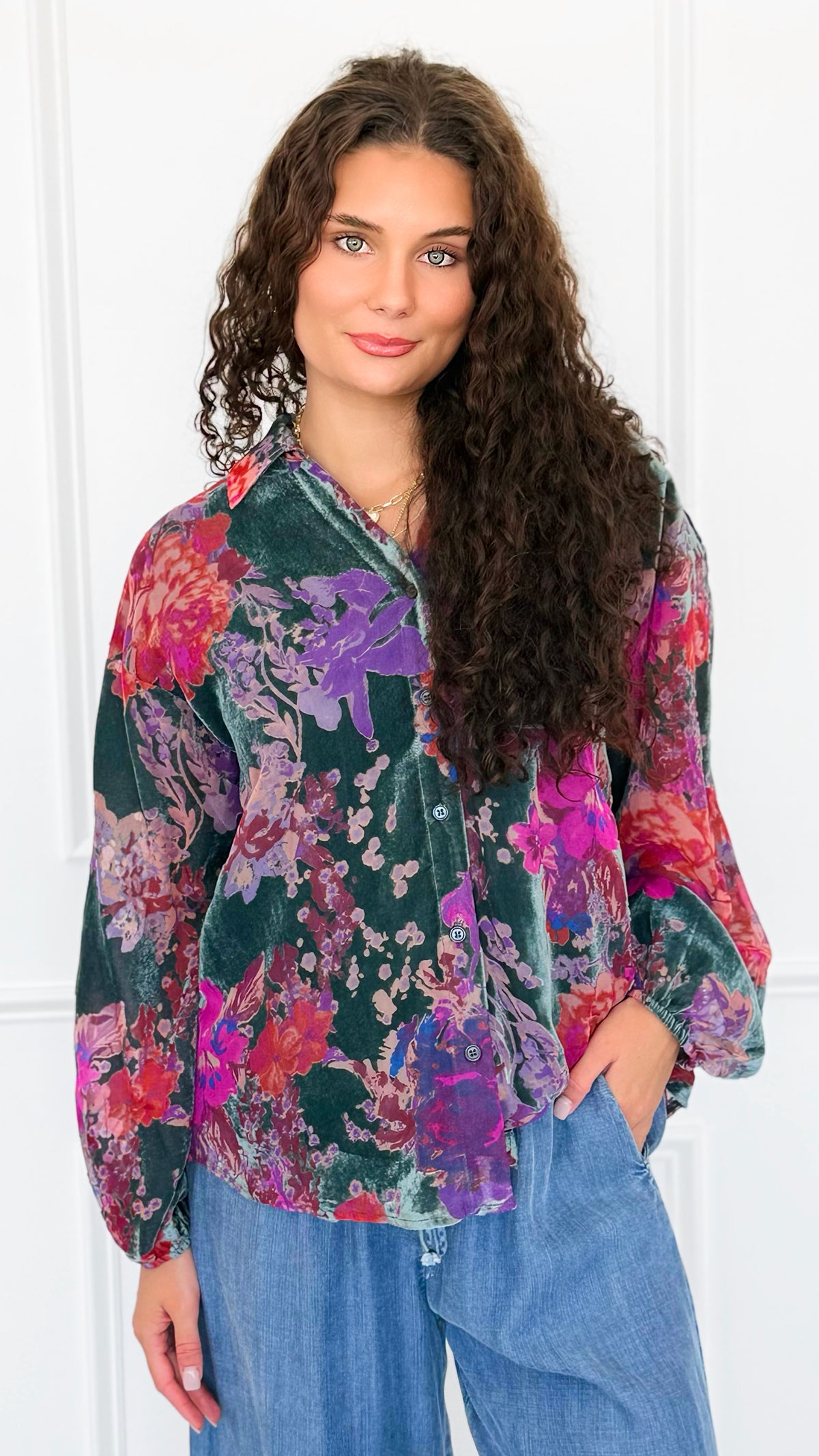 Velvet Bloom Button Down Top-130 Long Sleeve Tops-Jodifl-Coastal Bloom Boutique, find the trendiest versions of the popular styles and looks Located in Indialantic, FL