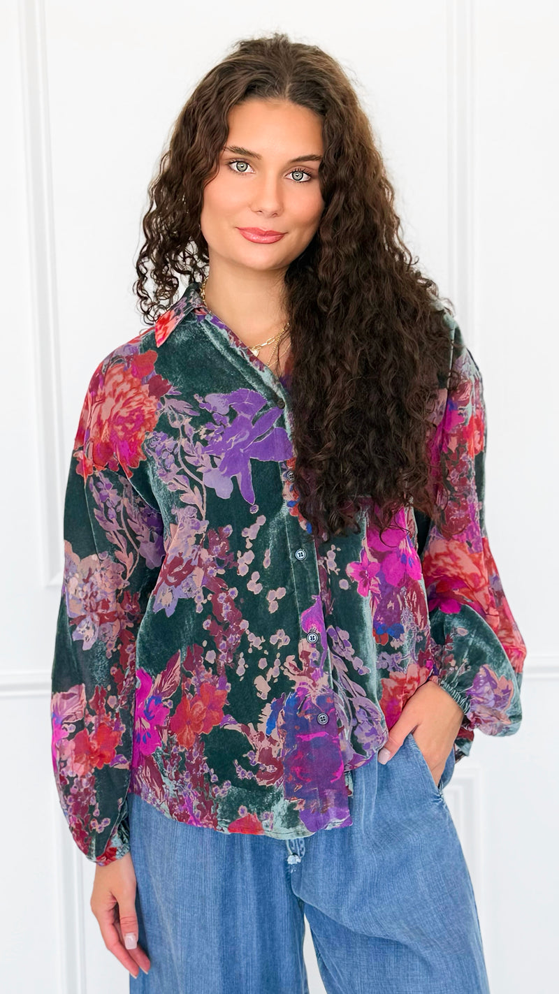 Velvet Bloom Button Down Top-130 Long Sleeve Tops-Jodifl-Coastal Bloom Boutique, find the trendiest versions of the popular styles and looks Located in Indialantic, FL