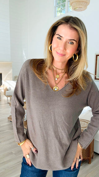 Soho Italian V-Neck Pullover - Taupe-140 Sweaters-Italianissimo/ Max & D-Coastal Bloom Boutique, find the trendiest versions of the popular styles and looks Located in Indialantic, FL