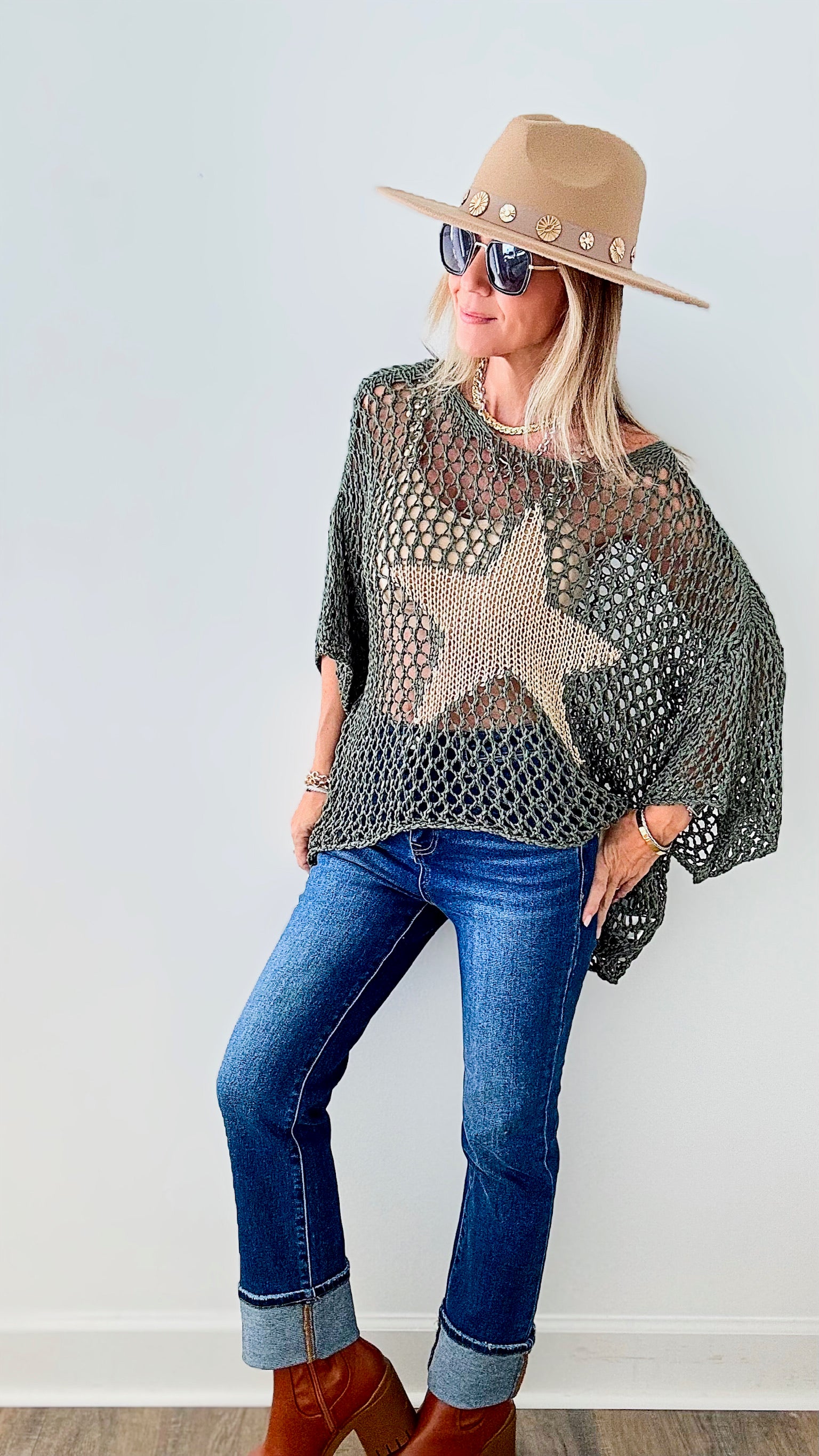 Metallic Star Italian Chain Sweater - Army Green/Gold-140 Sweaters-Germany-Coastal Bloom Boutique, find the trendiest versions of the popular styles and looks Located in Indialantic, FL