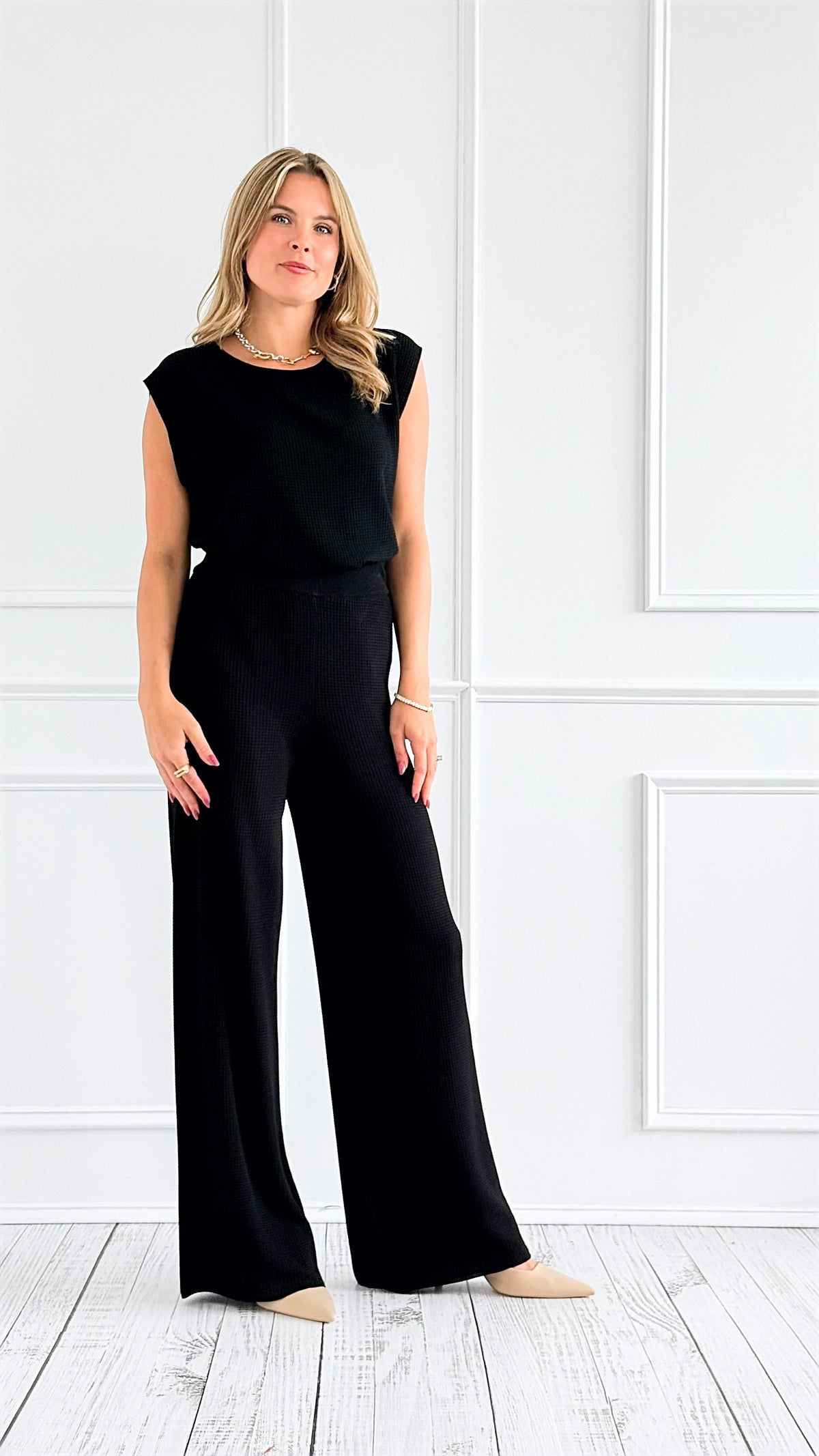 Hampton Waffle Knit Pants - Black-170 Bottoms-original usa-Coastal Bloom Boutique, find the trendiest versions of the popular styles and looks Located in Indialantic, FL