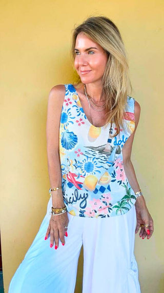 Sicily Sun Italian Knit Tank Top- Blue