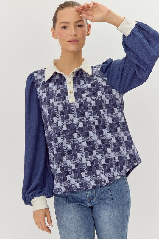 Checkered Echoes Button Trim Top-130 Long Sleeve Tops-JODIFL-Coastal Bloom Boutique, find the trendiest versions of the popular styles and looks Located in Indialantic, FL