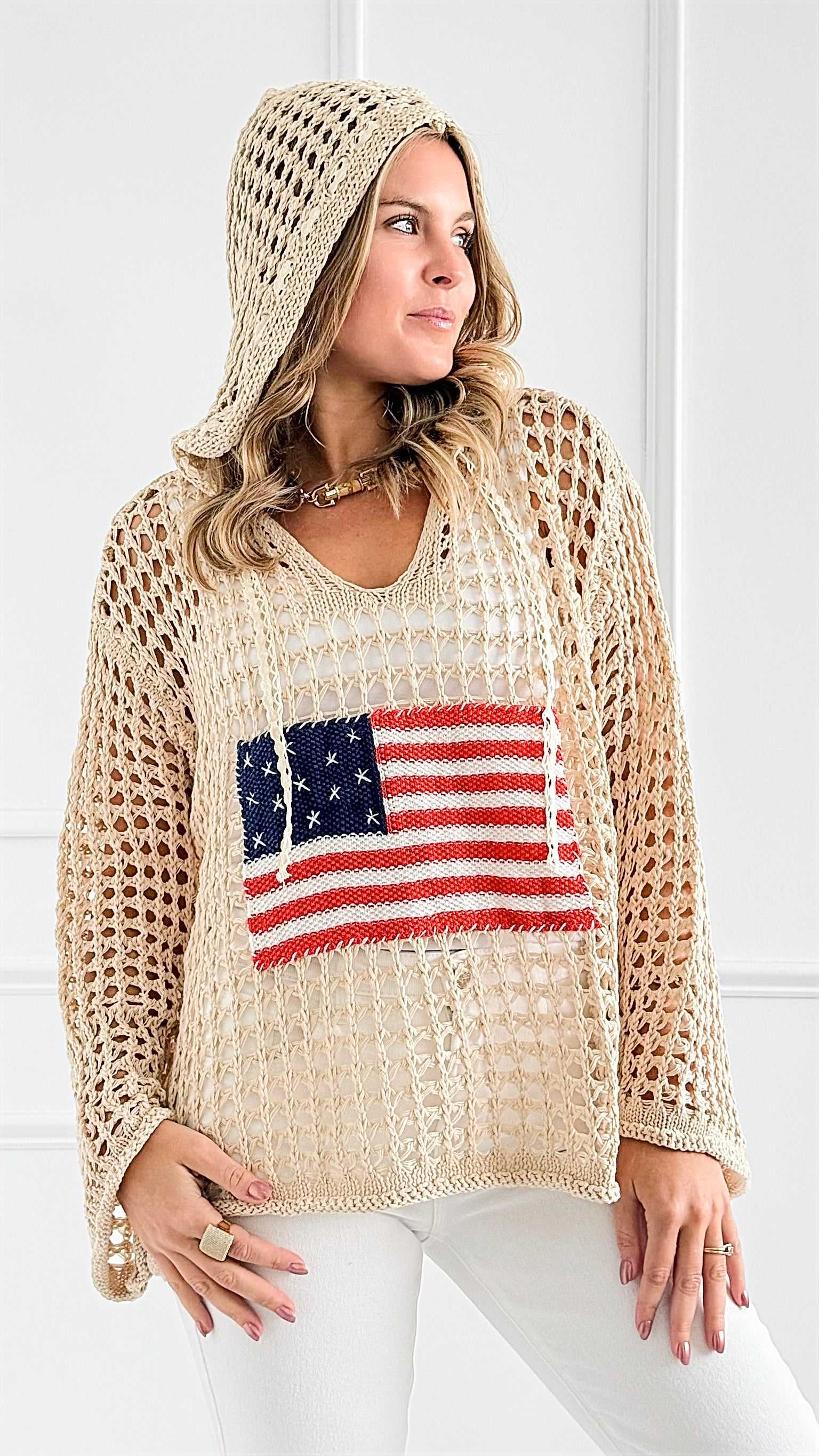 Patriot Spirit Crochet Sweater-140 Sweaters-POL-Coastal Bloom Boutique, find the trendiest versions of the popular styles and looks Located in Indialantic, FL
