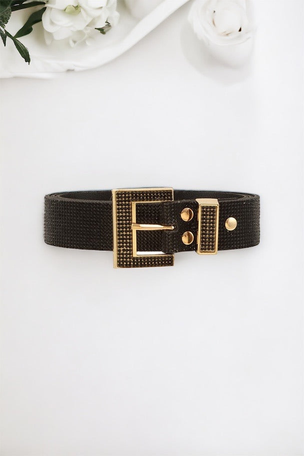 Full CZ Square Buckle Belt - Black Gold-260 Other Accessories-ICCO ACCESSORIES-Coastal Bloom Boutique, find the trendiest versions of the popular styles and looks Located in Indialantic, FL