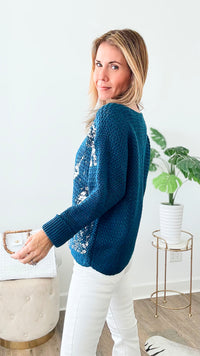 Round Neck Silver Foil Sweater - Peacock-140 Sweaters-Look Mode-Coastal Bloom Boutique, find the trendiest versions of the popular styles and looks Located in Indialantic, FL