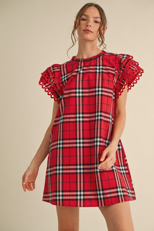 Plaid Ruffle Sleeve Dress - Red Mix-200 Dresses/Jumpsuits/Rompers-Jodifl-Coastal Bloom Boutique, find the trendiest versions of the popular styles and looks Located in Indialantic, FL