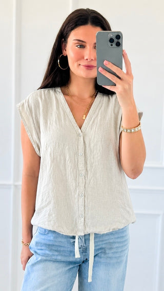 Shoreline Linen Sleeveless Italian Button Top- Ecru
