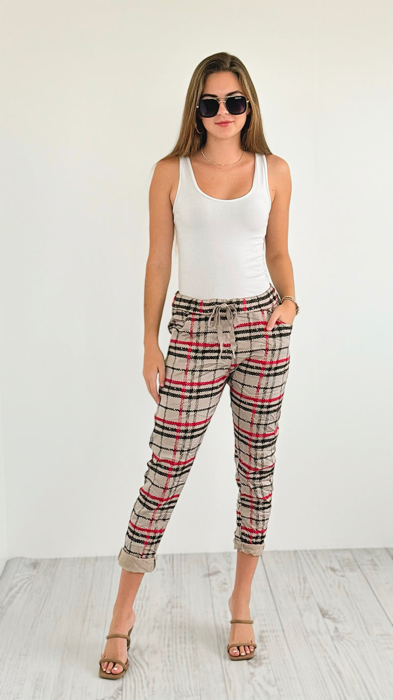 Plaid Wish List Italian Joggers- Sand Beige-pants-Italianissimo-Coastal Bloom Boutique, find the trendiest versions of the popular styles and looks Located in Indialantic, FL