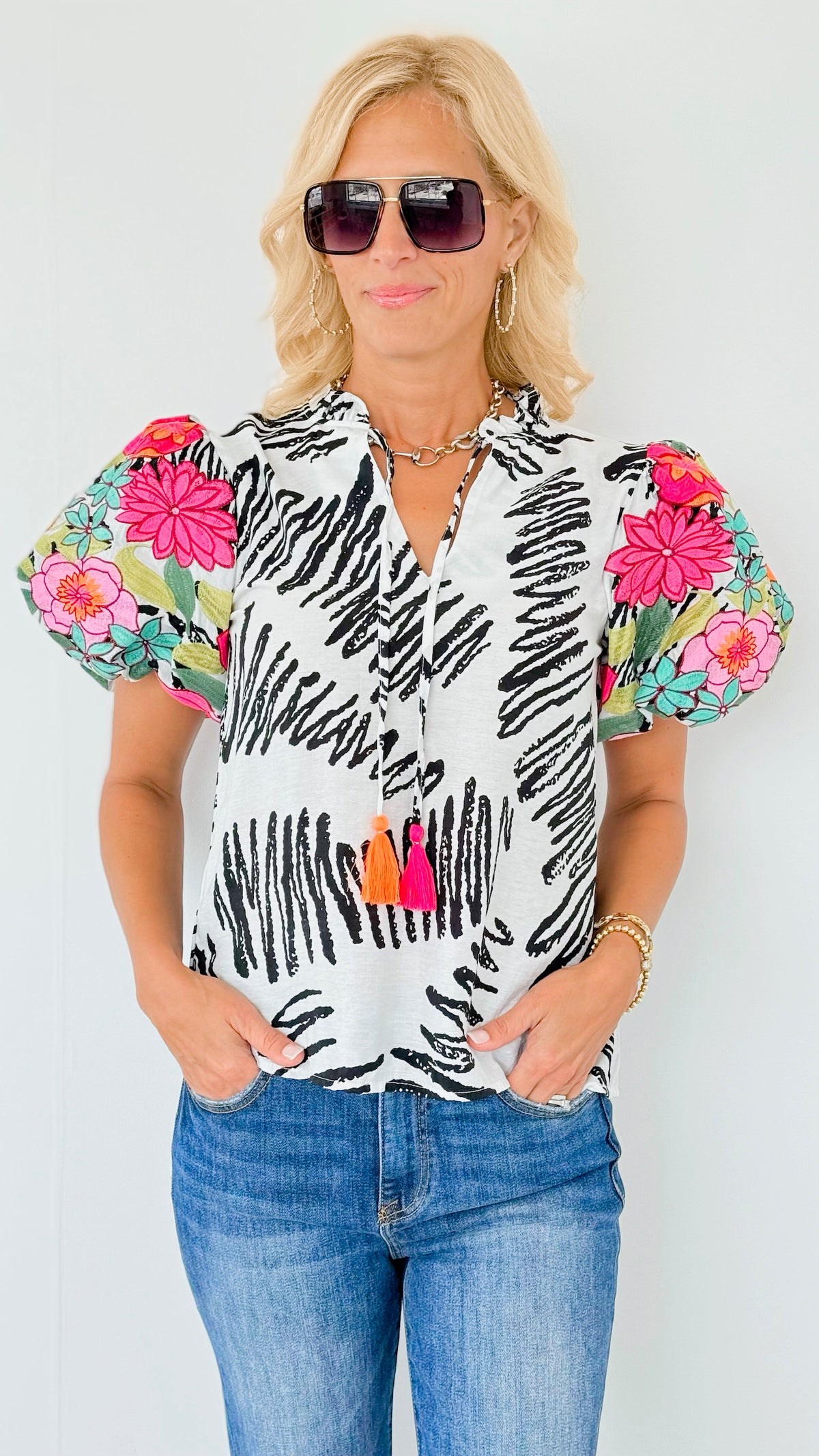 Spring Embroidered Puff Sleeve Blouse-110 Short Sleeve Tops-THML-Coastal Bloom Boutique, find the trendiest versions of the popular styles and looks Located in Indialantic, FL