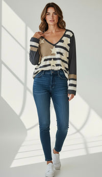 Heritage Patch V-Neck Top-110 Long Sleeve Tops-POL-Coastal Bloom Boutique, find the trendiest versions of the popular styles and looks Located in Indialantic, FL