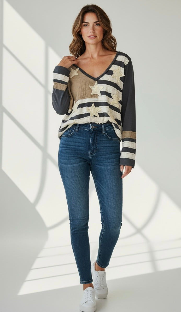 Heritage Patch V-Neck Top-110 Long Sleeve Tops-POL-Coastal Bloom Boutique, find the trendiest versions of the popular styles and looks Located in Indialantic, FL