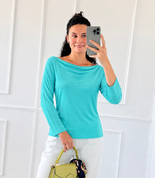After Hours Boatneck Italian Top- Aqua