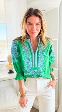 Embroidered Escape V-Neck Top - Green