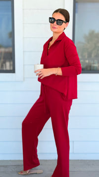 Chic & Cozy Eileen French Terry Pant Set - Cranberry-210 Loungewear/sets-EC COLLECTION INC-Coastal Bloom Boutique, find the trendiest versions of the popular styles and looks Located in Indialantic, FL