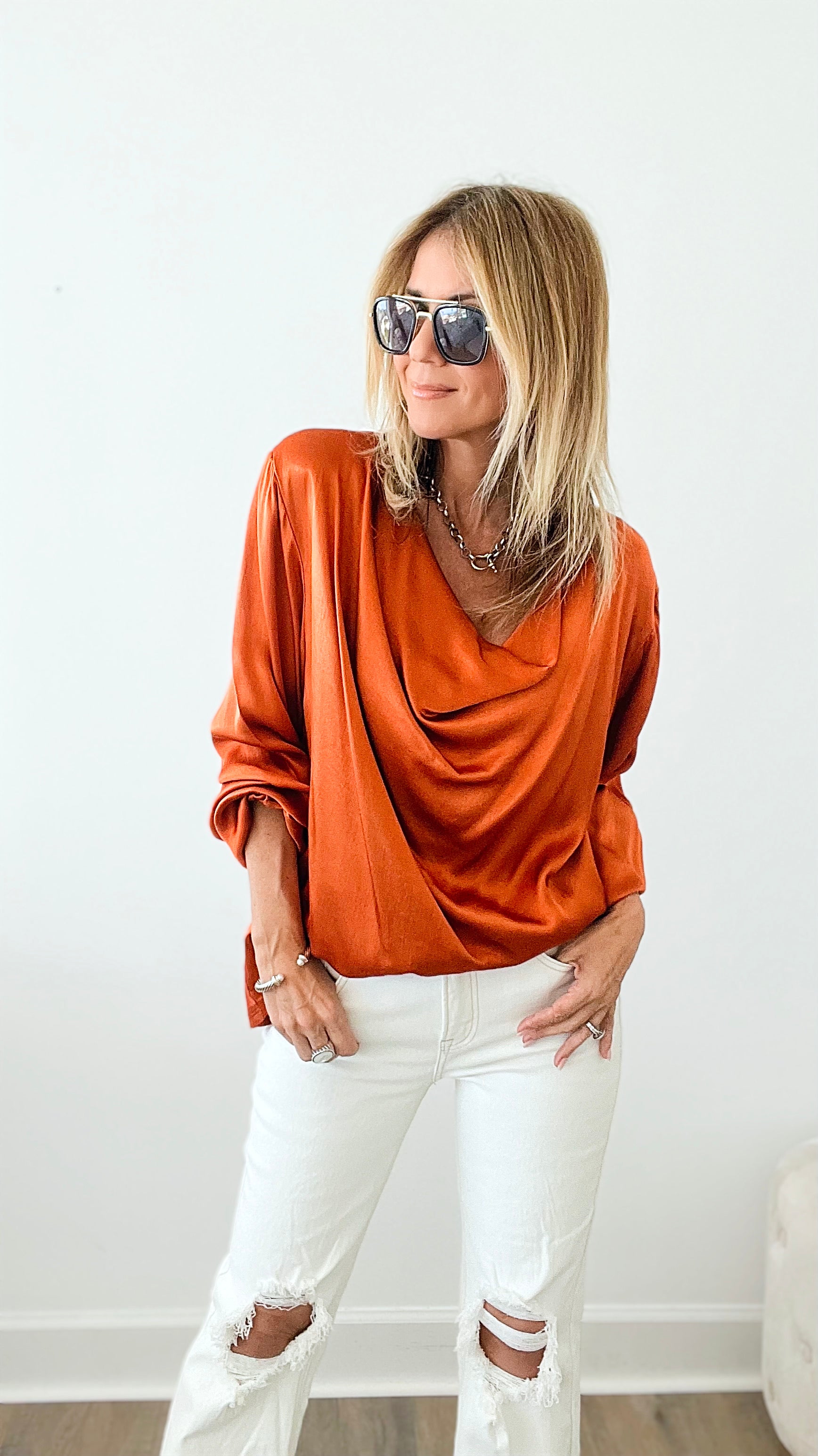 Long Sleeve Cowl Neck Italian Blouse - Rust-130 Long Sleeve Tops-Yolly-Coastal Bloom Boutique, find the trendiest versions of the popular styles and looks Located in Indialantic, FL