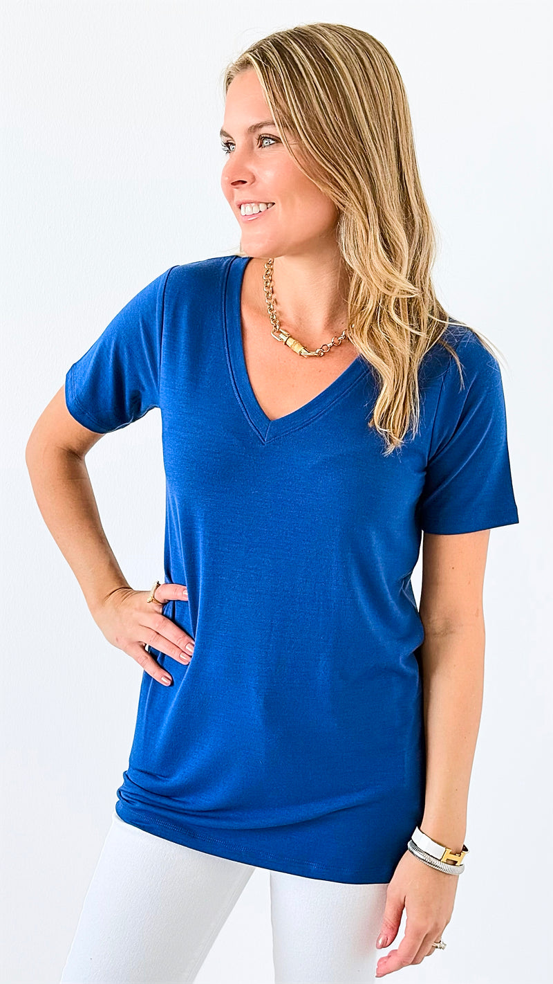 Casual Luxe V-Neck Top - Lt Navy-110 Short Sleeve Tops-Zenana-Coastal Bloom Boutique, find the trendiest versions of the popular styles and looks Located in Indialantic, FL