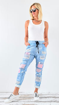 Patchwork Print Denim Italian Joggers-180 Joggers-Italianissimo-Coastal Bloom Boutique, find the trendiest versions of the popular styles and looks Located in Indialantic, FL