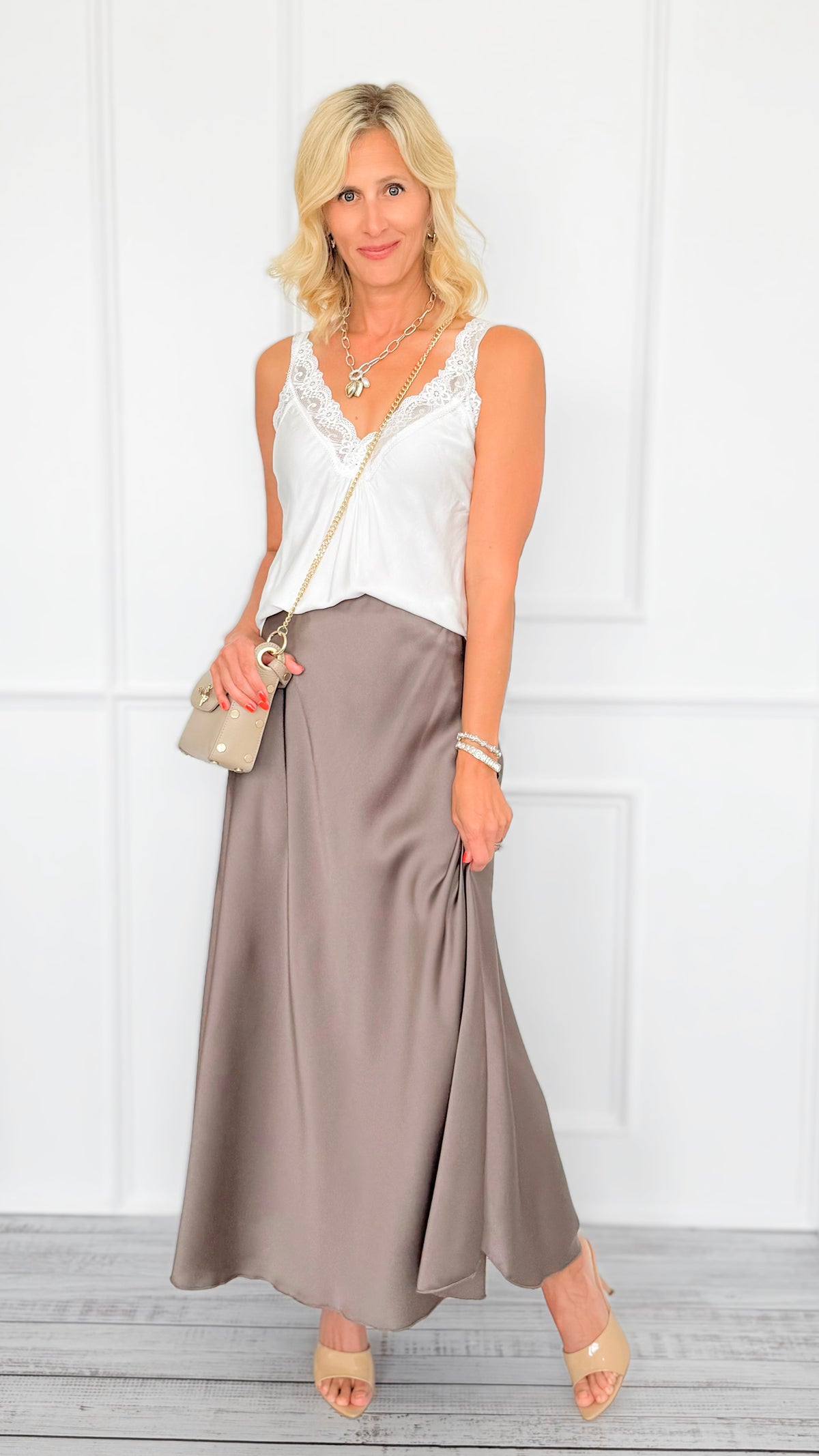 Isabella Italian Skirt- Taupe-170 Bottoms-SEE YOU IN ROME-Coastal Bloom Boutique, find the trendiest versions of the popular styles and looks Located in Indialantic, FL