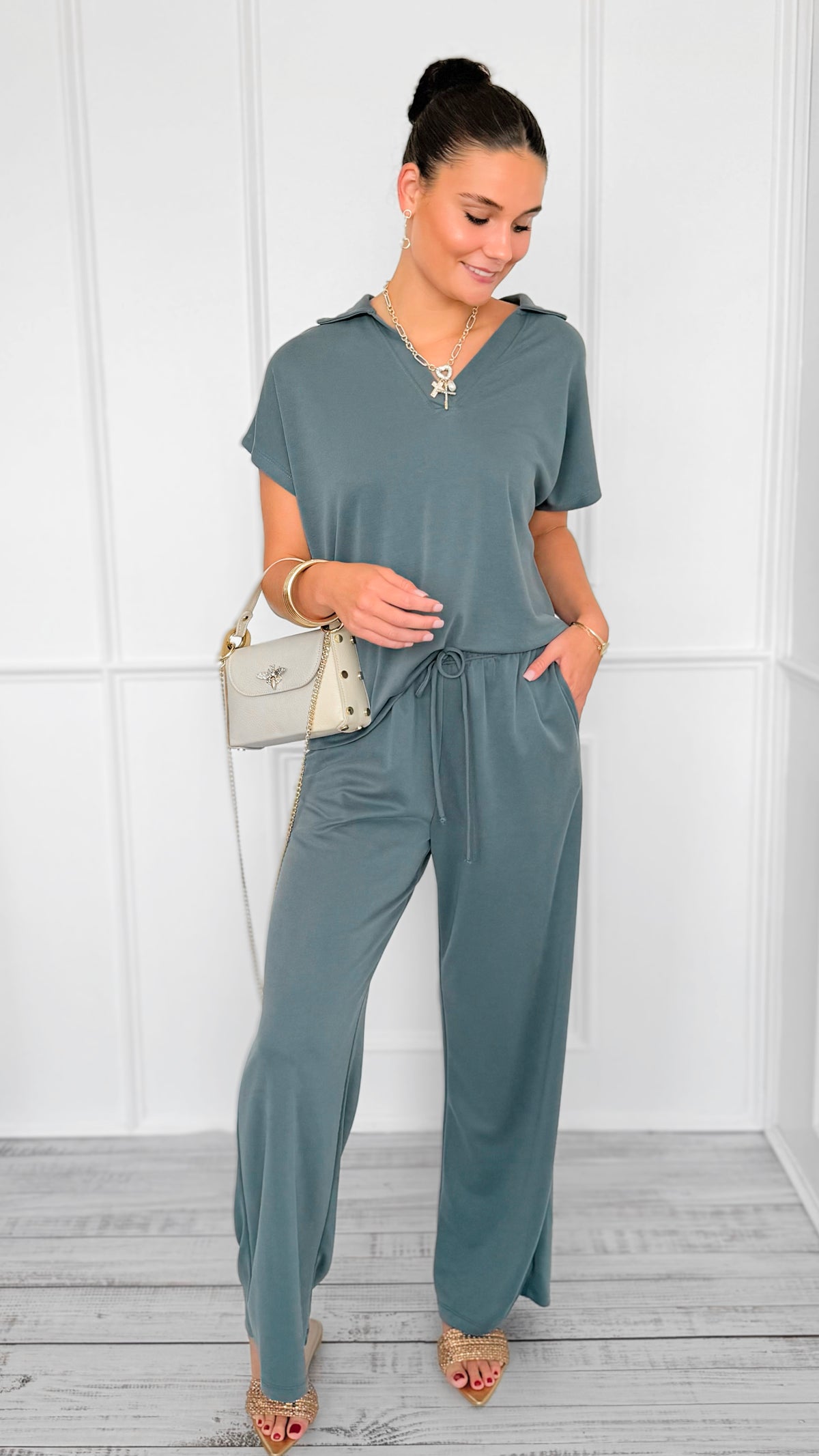 Classic Polo V-Neck Set-110 Short Sleeve Tops-Tres Bien-Coastal Bloom Boutique, find the trendiest versions of the popular styles and looks Located in Indialantic, FL