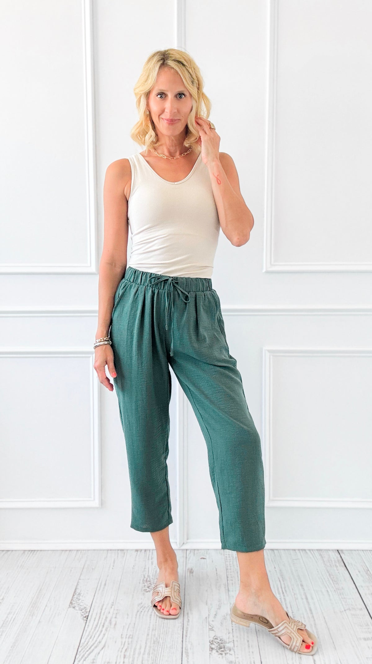 Woven Crepe Drawstring Elastic Waist Pants - Ash Jade-170 Bottoms-Zenana-Coastal Bloom Boutique, find the trendiest versions of the popular styles and looks Located in Indialantic, FL