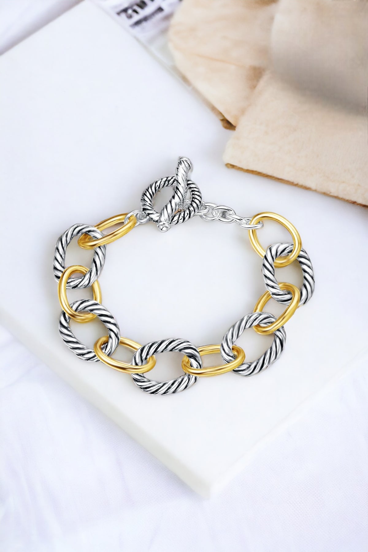 Cable Twist Two Tone Mini Oval Toggle Bracelet-230 Jewelry-Darling-Coastal Bloom Boutique, find the trendiest versions of the popular styles and looks Located in Indialantic, FL