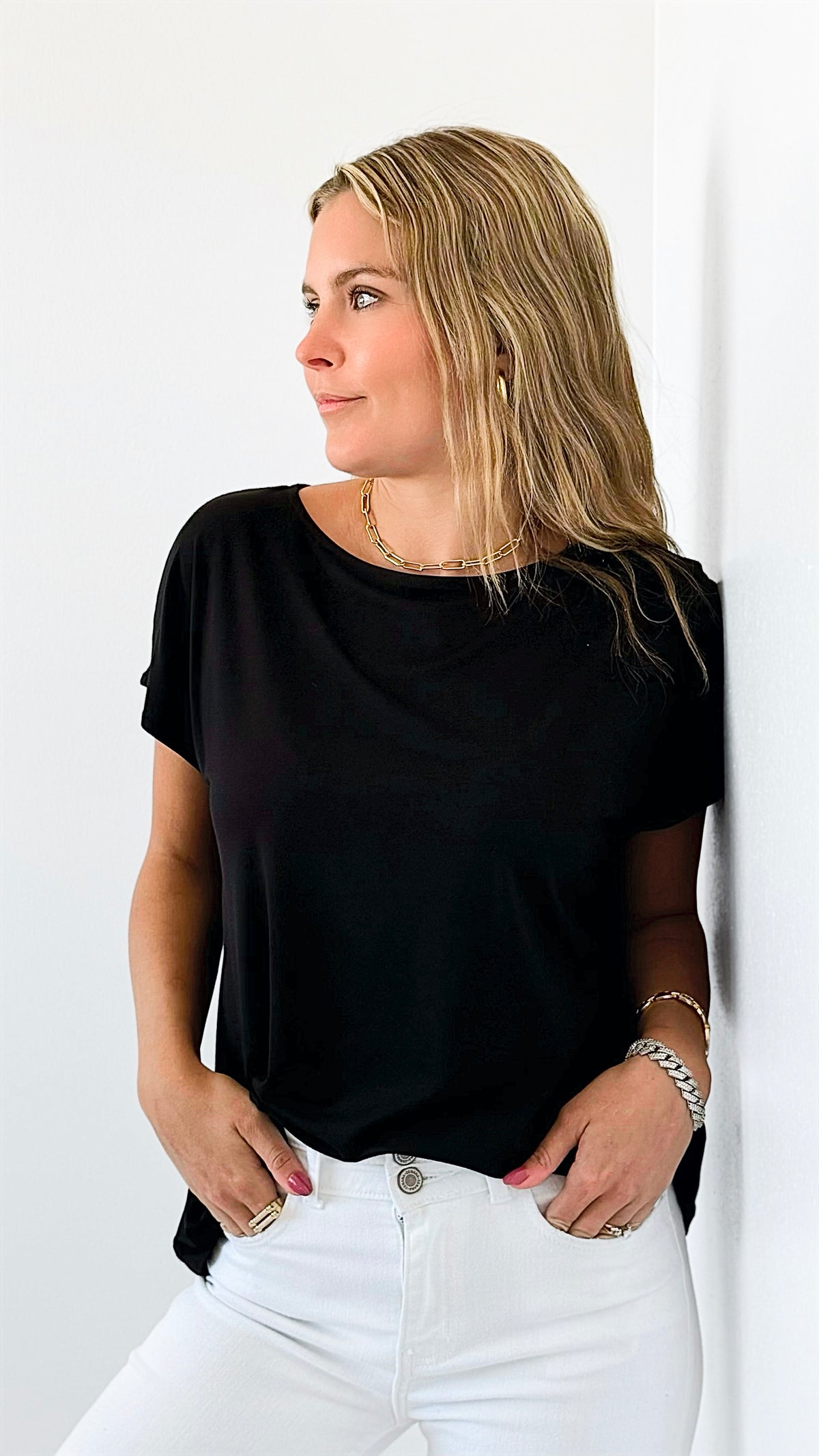 Luxe Cap Sleeve Tee - Black-210 Loungewear/Sets-Rae Mode-Coastal Bloom Boutique, find the trendiest versions of the popular styles and looks Located in Indialantic, FL