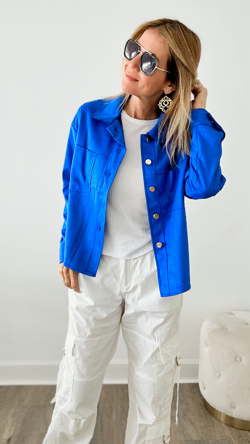 Italian Faux Suede Collared Jacket - Roya Blue-160 Jackets-VENTI6 OUTLET-Coastal Bloom Boutique, find the trendiest versions of the popular styles and looks Located in Indialantic, FL