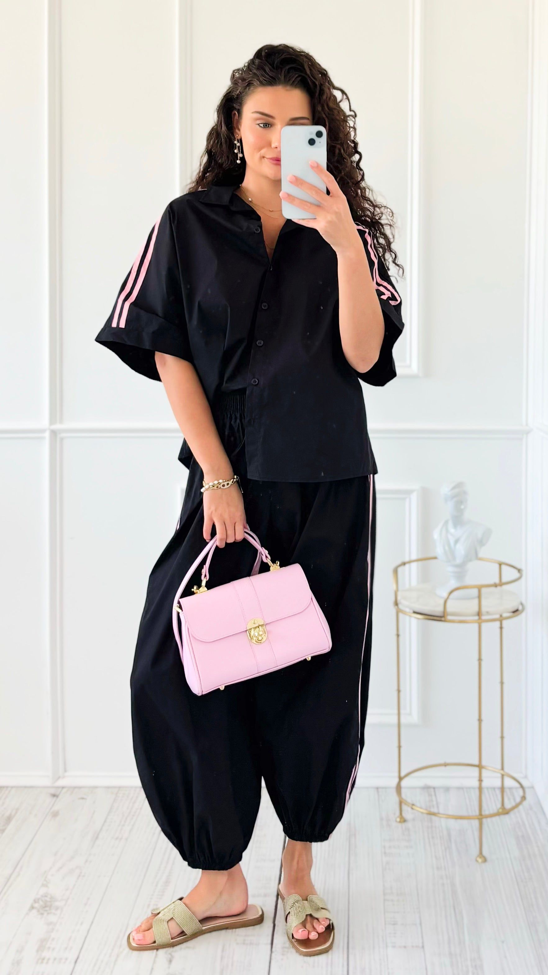 Sporty Chic Side Stripe Italian Jogger- Black