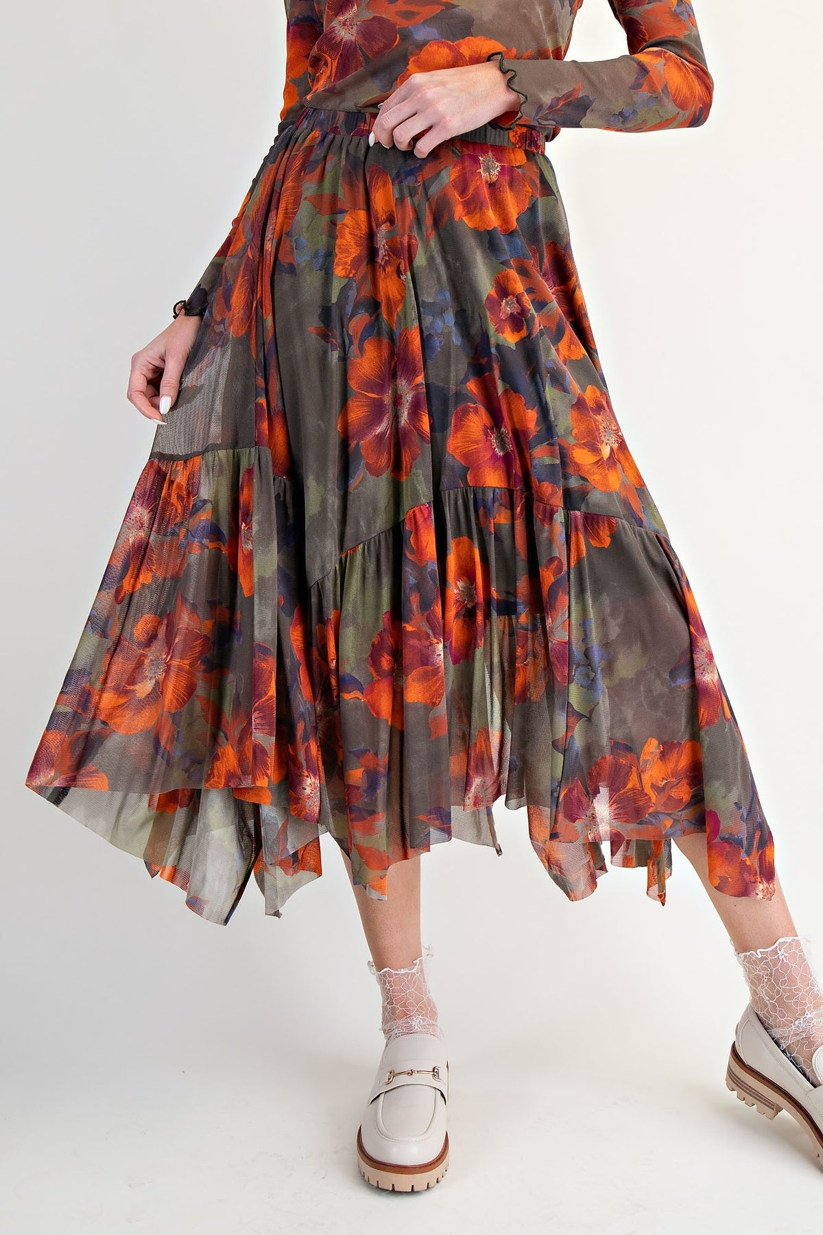 Romantic Garden Midi Skirt-170 bottoms-EASEL-Coastal Bloom Boutique, find the trendiest versions of the popular styles and looks Located in Indialantic, FL