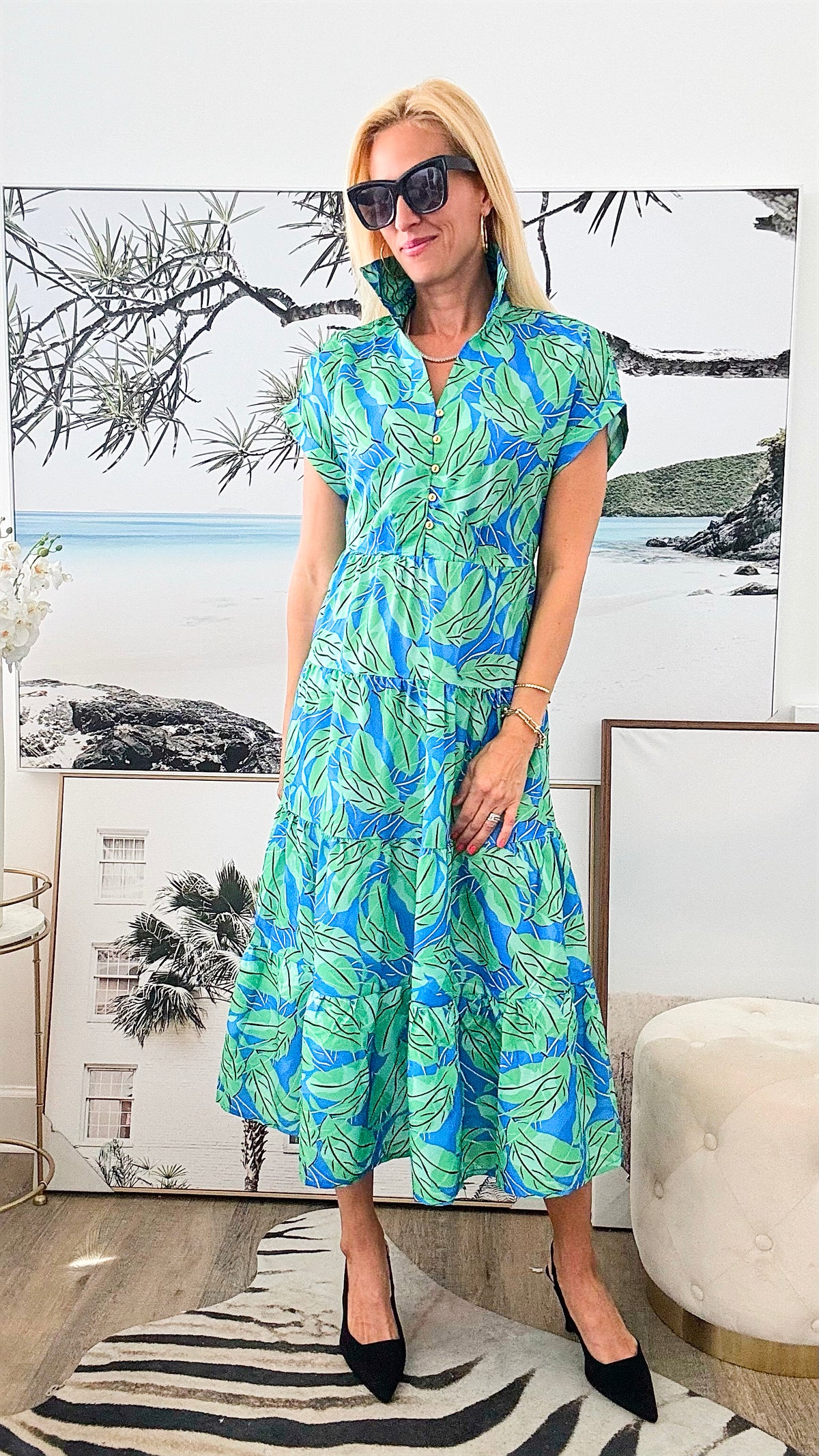 Ruffle Tropical Print Button Up Dress - Blue/Green-200 Dresses/Jumpsuits/Rompers-she+sky-Coastal Bloom Boutique, find the trendiest versions of the popular styles and looks Located in Indialantic, FL